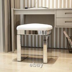 Diamond Crush Crystal Dressing Table and White Leather Stool Mirrored Makeup Set