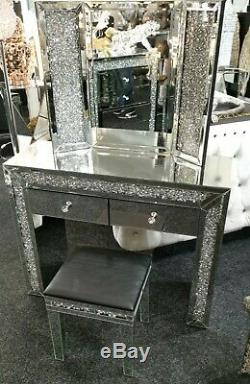 Diamond Crush Crystal Mirrored 3pc Dressing Table Set, full set, FREE DELIVERY