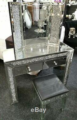 Diamond Crush Crystal Mirrored 3pc Dressing Table Set, full set, FREE DELIVERY