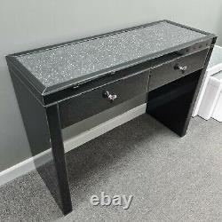 Diamond Crush Crystal Top Black Mirrored Glass 2 Drawer Dressing Console Table