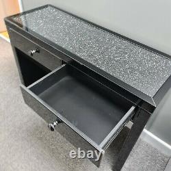 Diamond Crush Crystal Top Black Mirrored Glass 2 Drawer Dressing Console Table