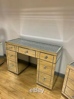 Diamond Crush Silver Mirrored Glass 7 Drawer Dressing Table Crushed Crystals