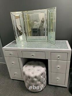 Diamond Crush White Mirrored Glass 7 Drawer Dressing Table Crushed Crystals