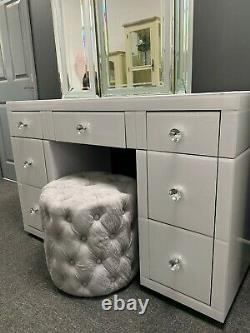 Diamond Crush White Mirrored Glass 7 Drawer Dressing Table Crushed Crystals