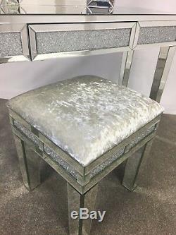 Diamond Glitz Mirrored Crystal Crushed Velvet Upholstered Dressing Table Stool