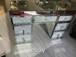 Diamond Glitz Silver Mirrored Glass 7 Drawer Dressing Table Crushed Crystals New