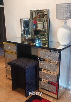 Double Mirrored Dressing Table Silver Glitter 8 Drawers Crystal Handles Bedroom