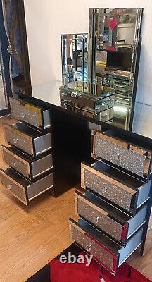Double Mirrored Dressing Table Silver Glitter 8 Drawers Crystal Handles Bedroom