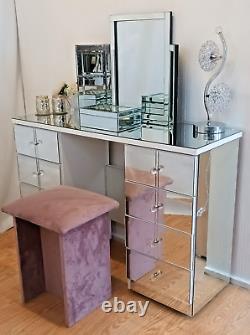 Double Mirrored Dressing Table White 8 Drawers Crystal Handles Bedroom Furniture