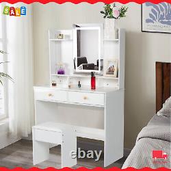 Dressing Desk with LED Lamp Strip Mirror Vanity Table Set With Stool & 2 Drawers