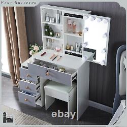 Dressing Makeup Table Vanity Set with 3 Colors Lighted Mirror & 4 Drawers & Stool
