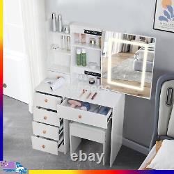 Dressing Room Vanity Makeup Table Stool Set with Dimmable LED Mirror 6 Drawers