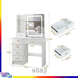 Dressing Room Vanity Makeup Table Stool Set with Dimmable LED Mirror 6 Drawers