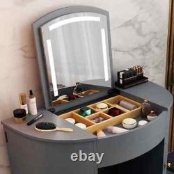 Dressing Table Bedroom Lighting Makeup Vanity Table withFlip Top Mirror Stool Grey