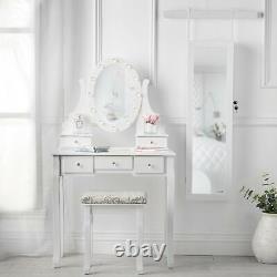 Dressing Table LED Mirror Stool Wall Mirrored Jewellery Cabinet White Vanity Set