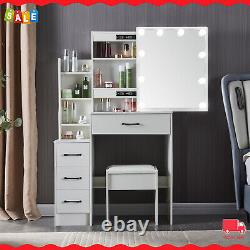 Dressing Table LED Sliding Mirror, Vanity Desk with Hidden &Open Storage Shelves