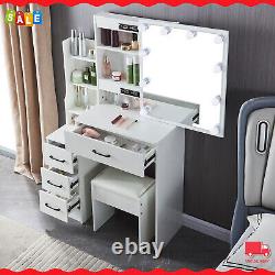 Dressing Table LED Sliding Mirror, Vanity Desk with Hidden &Open Storage Shelves