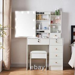 Dressing Table Makeup Desk Vanity Dresser with Slide led Mirror 6 Drawers Stool