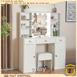 Dressing Table Makeup Desk Vanity With LED Lights Mirror Drawers Stool Set White
