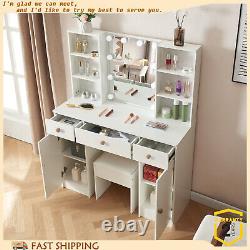 Dressing Table Makeup Desk Vanity With LED Lights Mirror Drawers Stool Set White