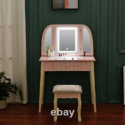 Dressing Table Makeup Desk withLED Light Mirror & 4 Drawer, Stool Bedroom Pink UK