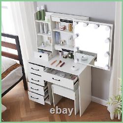 Dressing Table Makeup Vanity Set With LED Light Mirror Shelf Organizer Dresser
