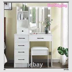 Dressing Table Mirror Drawers Vanity Makeup Desk Stool Set with LED Lights White