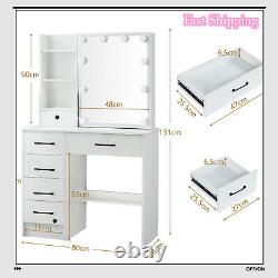 Dressing Table Mirror Drawers Vanity Makeup Desk Stool Set with LED Lights White