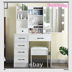 Dressing Table Mirror Drawers Vanity Makeup Desk Stool Set with LED Lights White