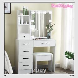 Dressing Table Mirror Drawers Vanity Makeup Desk Stool Set with LED Lights White