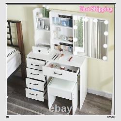 Dressing Table Mirror Drawers Vanity Makeup Desk Stool Set with LED Lights White