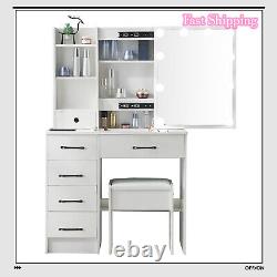 Dressing Table Mirror Drawers Vanity Makeup Desk Stool Set with LED Lights White