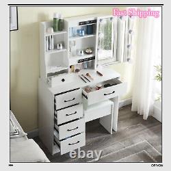 Dressing Table Mirror Drawers Vanity Makeup Desk Stool Set with LED Lights White