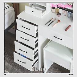 Dressing Table Mirror Drawers Vanity Makeup Desk Stool Set with LED Lights White