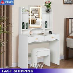 Dressing Table Mirror with LED Lights Stool Set Vanity Makeup Table Desk Drawers