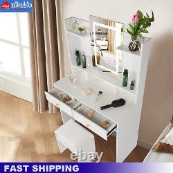 Dressing Table Mirror with LED Lights Stool Set Vanity Makeup Table Desk Drawers