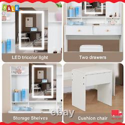 Dressing Table Mirror with LED Makeup Vanity Table Dresser Stool with Cabinet