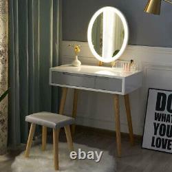 Dressing Table Modern Makeup Vanity Stool Set Oval LED Lighted Mirror withDrawer
