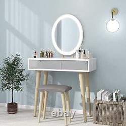 Dressing Table Modern Makeup Vanity Stool Set Oval LED Lighted Mirror withDrawer