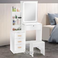 Dressing Table Set Vanity Makeup Desk with Mirror and Stool 3-Color LED Light Oe