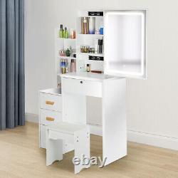 Dressing Table Set Vanity Makeup Desk with Mirror and Stool 3-Color LED Light Oe