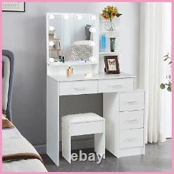 Dressing Table Set with 3-Mode LED Lighted Mirror Stool Vanity Wood Makeup Desk