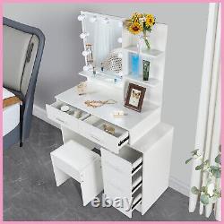 Dressing Table Set with 3-Mode LED Lighted Mirror Stool Vanity Wood Makeup Desk