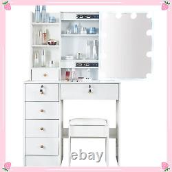 Dressing Table Set with LED Lights Mirror 6 Drawers And Stool Makeup Vanity Desk