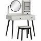 Dressing Table Set With Mirror And Stool, Vanity Makeup Table With 3 Drawers