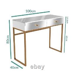 Dressing Table Silver Mirrored with 2 Drawers Bronze Handles Legs Modern Style