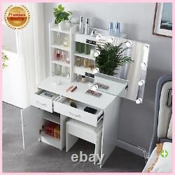 Dressing Table Stool Set Make-Up Desk with Mirror Drawer Bedroom Storage Cabinet