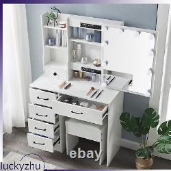 Dressing Table Stool Set Makeup Desk Vanity with 10 LED Lights Mirror 6 Drawers