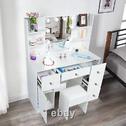 Dressing Table Stool Set with LED Lights Mirror 5 Drawers Large Vanity Makeup Desk