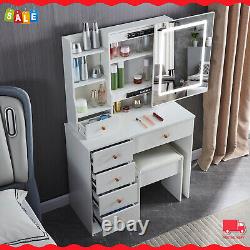 Dressing Table Stool Set with Lighted Slide Mirror Drawer Storage Shelves Dresser